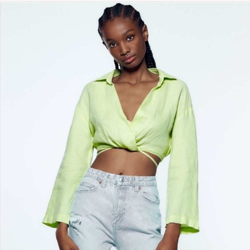 ZARA Cropped Wrap Around Tie  Blouse Mint